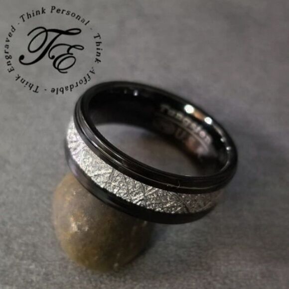 Engraved Men's Real Black Tungsten Promise Ring With Meteorite Inlay - Picture 6 of 7